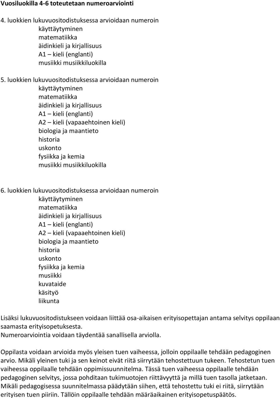 luokkien lukuvuositodistuksessa arvioidaan numeroin käyttäytyminen matematiikka äidinkieli ja kirjallisuus A1 kieli (englanti) A2 kieli (vapaaehtoinen kieli) biologia ja maantieto historia uskonto