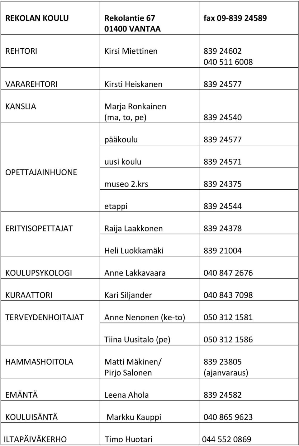 krs 839 24375 etappi 839 24544 ERITYISOPETTAJAT Raija Laakkonen 839 24378 Heli Luokkamäki 839 21004 KOULUPSYKOLOGI Anne Lakkavaara 040 847 2676 KURAATTORI Kari Siljander 040