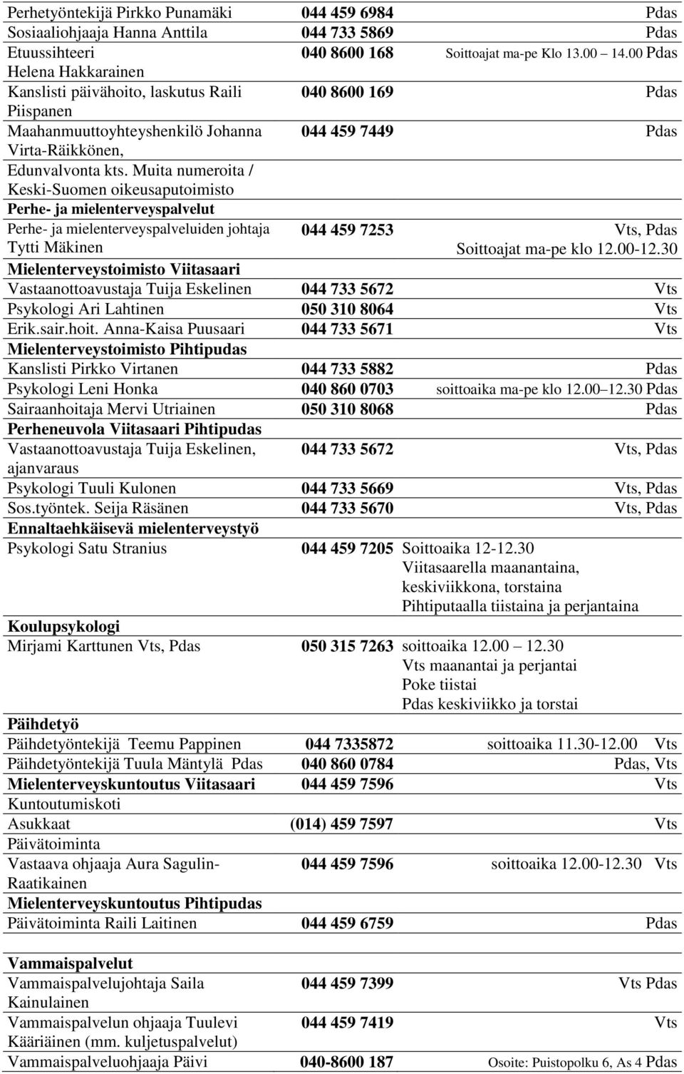 Muita numeroita / Keski-Suomen oikeusaputoimisto Perhe- ja mielenterveyspalvelut Perhe- ja mielenterveyspalveluiden johtaja Tytti Mäkinen 044 459 7253, Soittoajat ma-pe klo 12.00-12.