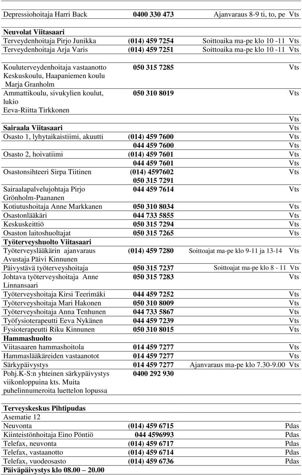 Sairaala Viitasaari Osasto 1, lyhytaikaistiimi, akuutti (014) 459 7600 044 459 7600 Osasto 2, hoivatiimi (014) 459 7601 044 459 7601 Osastonsihteeri Sirpa Tiitinen (014) 4597602 050 315 7291