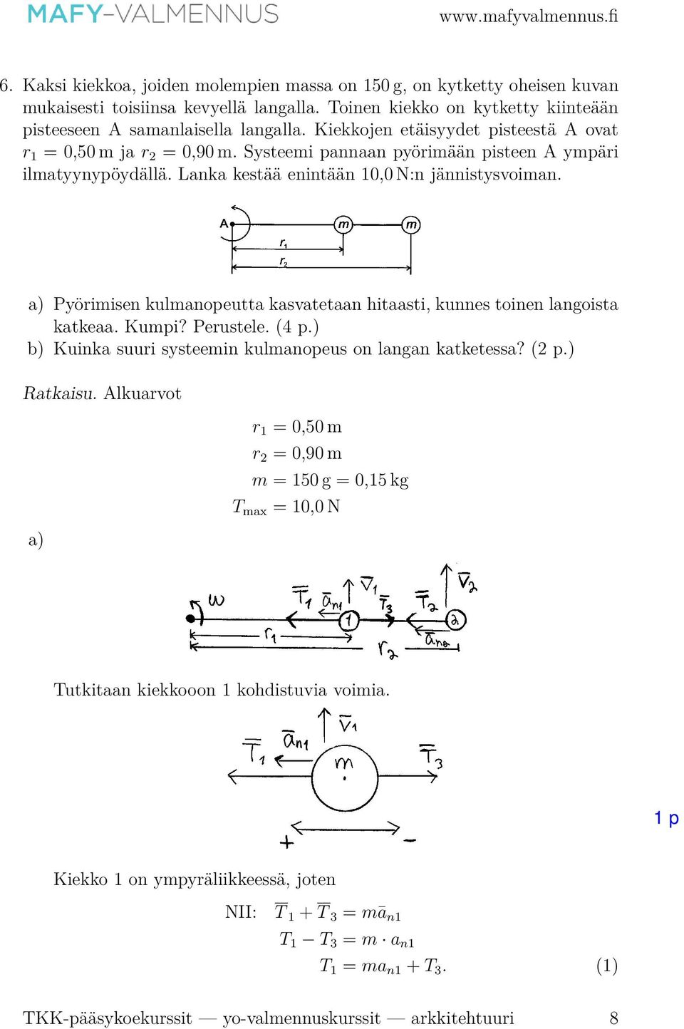 a) Pyörimisen kulmanopeutta kasvatetaan hitaasti, kunnes toinen langoista katkeaa. Kumpi? Perustele. (4 p.) b) Kuinka suuri systeemin kulmanopeus on langan katketessa? (2 p.) Ratkaisu.