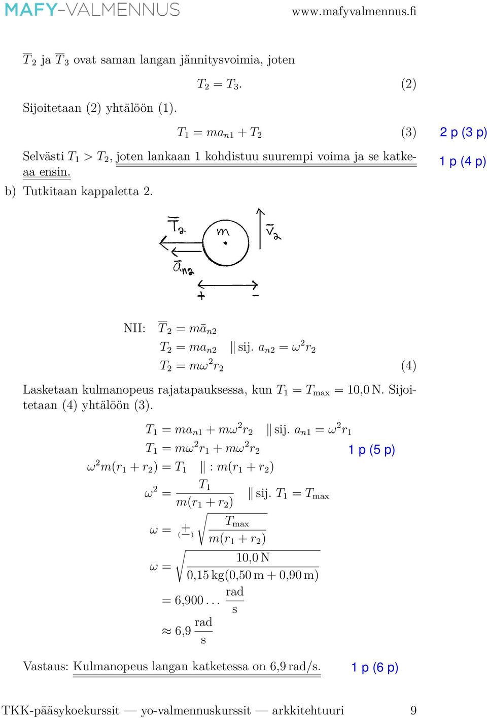 a n2 = ω 2 r 2 T 2 = mω 2 r 2 (4) Lasketaan kulmanopeus rajatapauksessa, kun T 1 = T max = 10,0 N. Sijoitetaan (4) yhtälöön (3). T 1 = ma n1 + mω 2 r 2 sij.