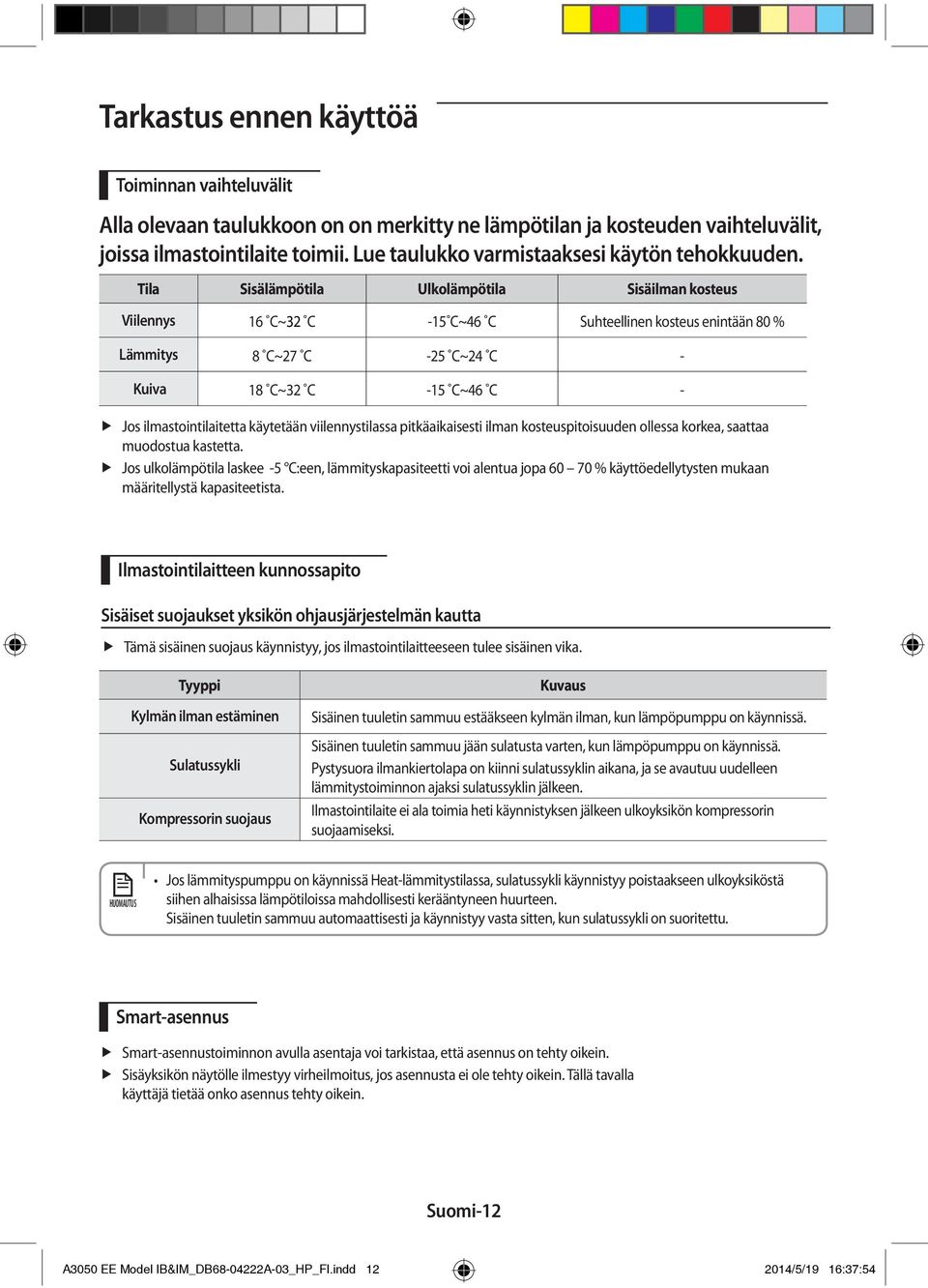 Tila Sisälämpötila Ulkolämpötila Sisäilman kosteus Viilennys 16 C~32 C -15 C~46 C Suhteellinen kosteus enintään 80 % Lämmitys 8 C~27 C -25 C~24 C - Kuiva 18 C~32 C -15 C~46 C - Jos