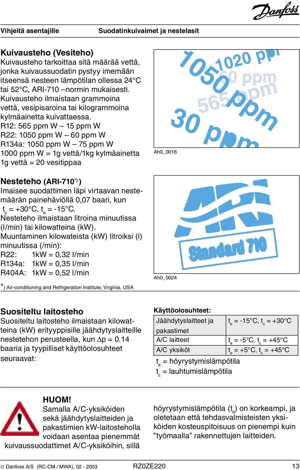 R12: 565 ppm W 15 ppm W R22: 1050 ppm W 60 ppm W R134a: 1050 ppm W 75 ppm W 1000 ppm W = 1g vettä/1kg kylmäainetta 1g vettä = 20 vesitippaa Ah0_0016 Nesteteho (ARI-710 *) ) Imaisee suodattimen läpi