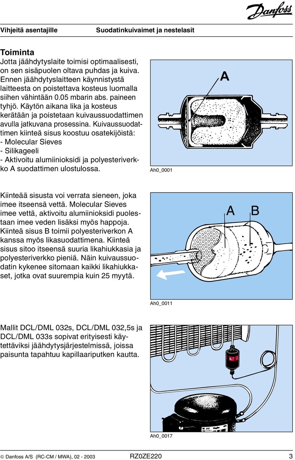 Kuivaussuodattimen kiinteä sisus koostuu osatekijöistä: - Molecular Sieves - Silikageeli - Aktivoitu alumiinioksidi ja polyesteriverkko A suodattimen ulostulossa.