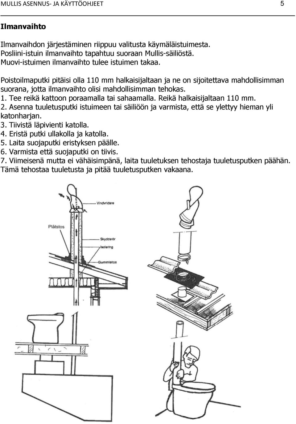 Reikä halkaisijaltaan 110 mm. 2. Asenna tuuletusputki istuimeen tai säiliöön ja varmista, että se ylettyy hieman yli katonharjan. 3. Tiivistä läpivienti katolla. 4. Eristä putki ullakolla ja katolla.