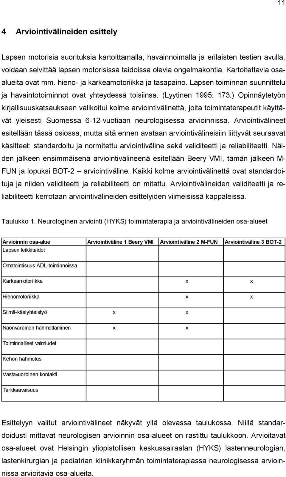 ) Opinnäytetyön kirjallisuuskatsaukseen valikoitui kolme arviointivälinettä, joita toimintaterapeutit käyttävät yleisesti Suomessa 6-12-vuotiaan neurologisessa arvioinnissa.