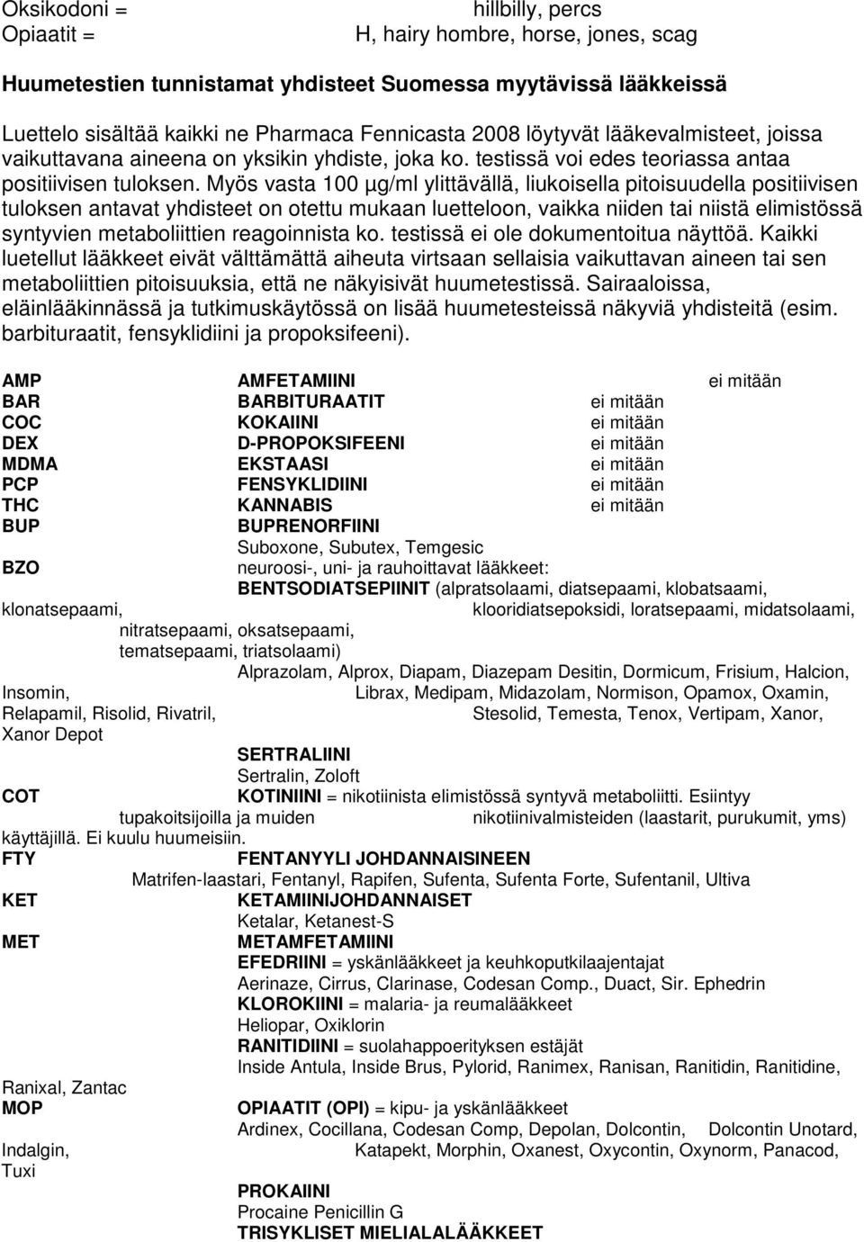 Myös vasta 100 µg/ml ylittävällä, liukoisella pitoisuudella positiivisen tuloksen antavat yhdisteet on otettu mukaan luetteloon, vaikka niiden tai niistä elimistössä syntyvien metaboliittien