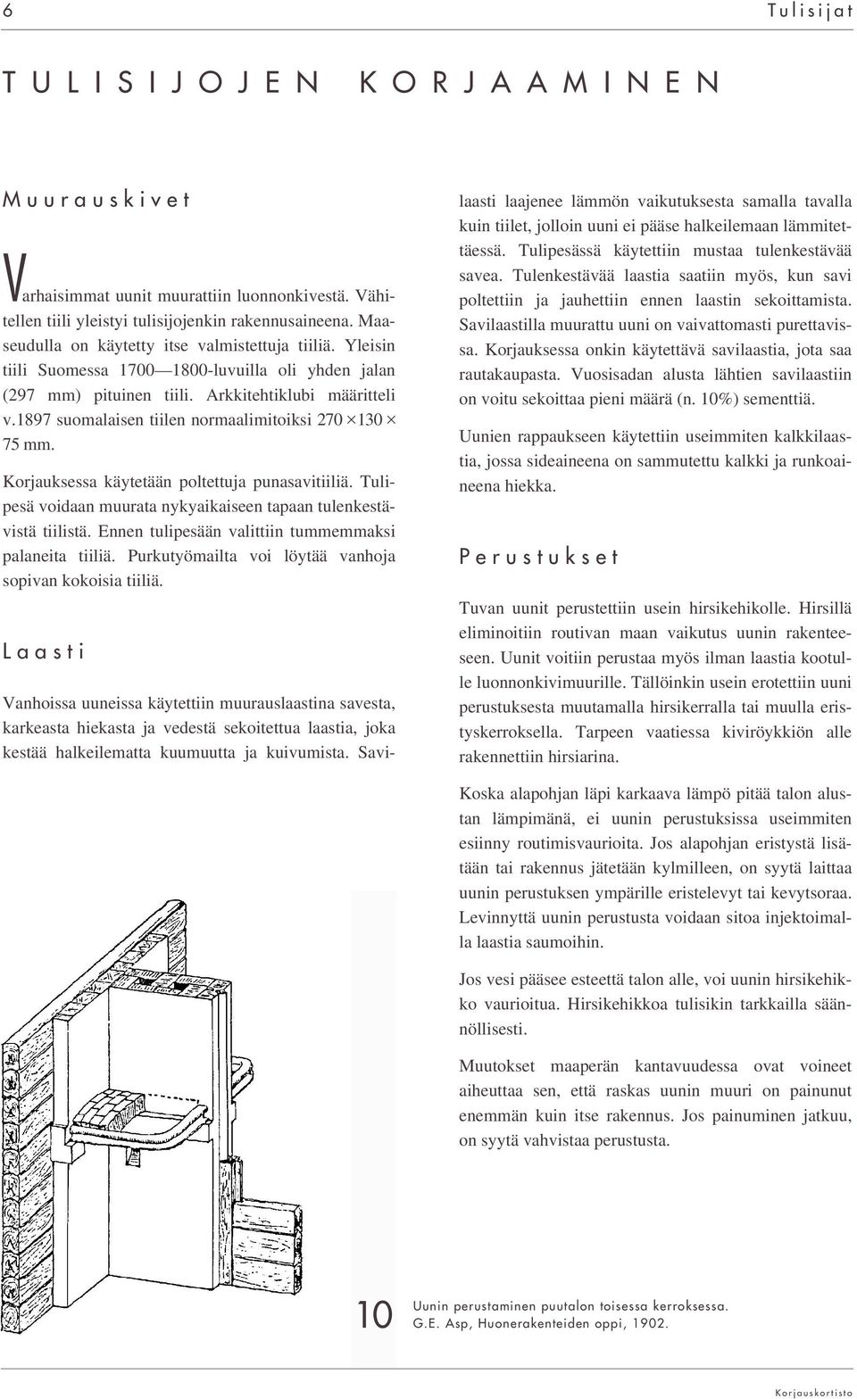 1897 suomalaisen tiilen normaalimitoiksi 270 130 75 mm. Korjauksessa käytetään poltettuja punasavitiiliä. Tulipesä voidaan muurata nykyaikaiseen tapaan tulenkestävistä tiilistä.