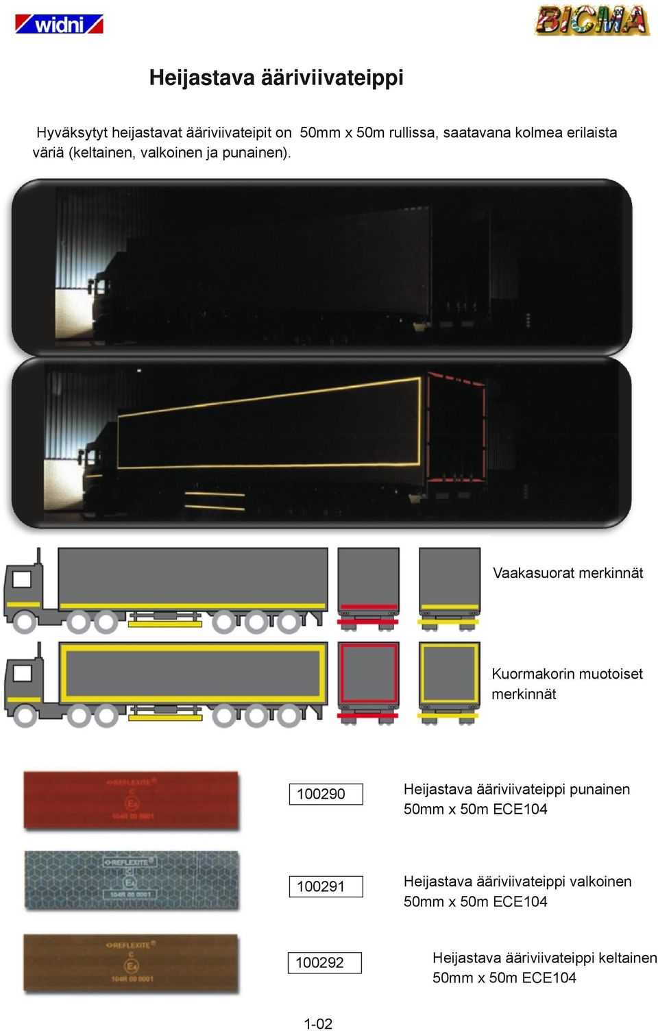 ECE 70 01 Vaakasuorat merkinnät Kuormakorin muotoiset merkinnät 100290 Heijastava ääriviivateippi punainen 50mm x 50m