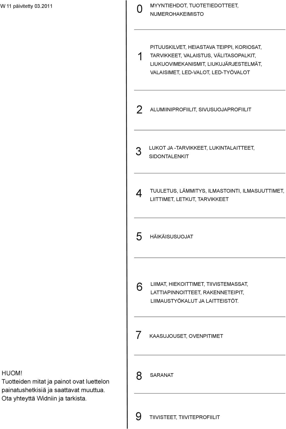 VALAISIMET, LED-VALOT, LED-TYÖVALOT 2 ALUMIINIPROFIILIT, SIVUSUOJAPROFIILIT 3 LUKOT JA -TARVIKKEET, LUKINTALAITTEET, SIDONTALENKIT 4 TUULETUS, LÄMMITYS, ILMASTOINTI,