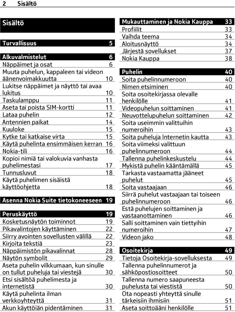 puhelimestasi 17 Tunnusluvut 18 Käytä puhelimen sisäistä käyttöohjetta 18 Asenna Nokia Suite tietokoneeseen 19 Peruskäyttö 19 Kosketusnäytön toiminnot 19 Pikavalintojen käyttäminen 22 Siirry avointen