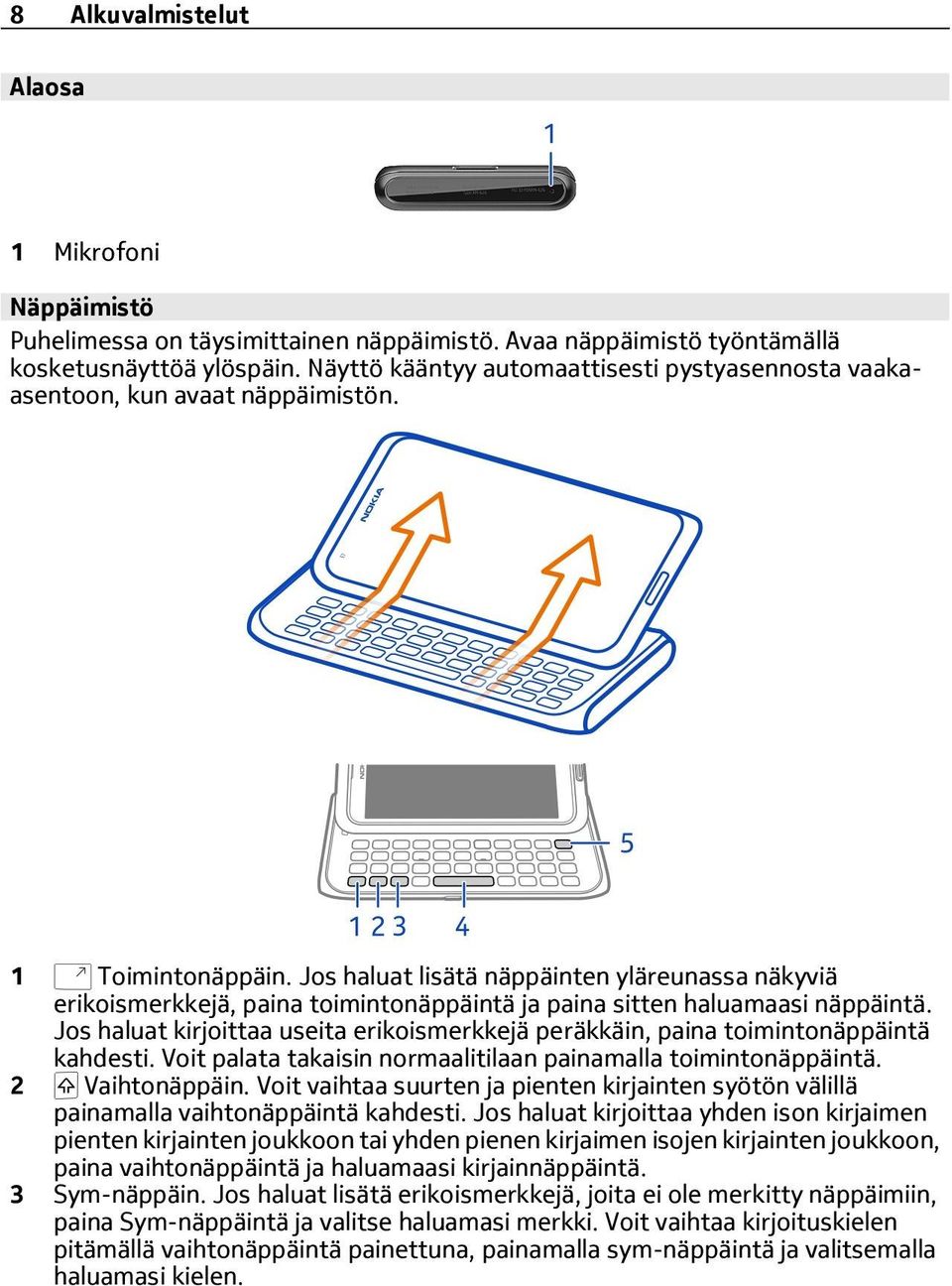 Jos haluat lisätä näppäinten yläreunassa näkyviä erikoismerkkejä, paina toimintonäppäintä ja paina sitten haluamaasi näppäintä.