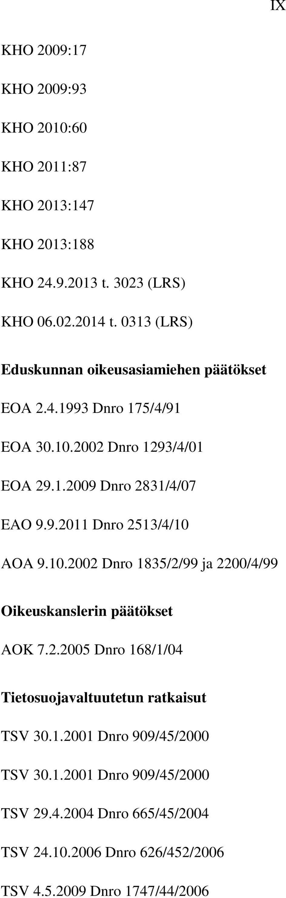 10.2002 Dnro 1835/2/99 ja 2200/4/99 Oikeuskanslerin päätökset AOK 7.2.2005 Dnro 168/1/04 Tietosuojavaltuutetun ratkaisut TSV 30.1.2001 Dnro 909/45/2000 TSV 30.