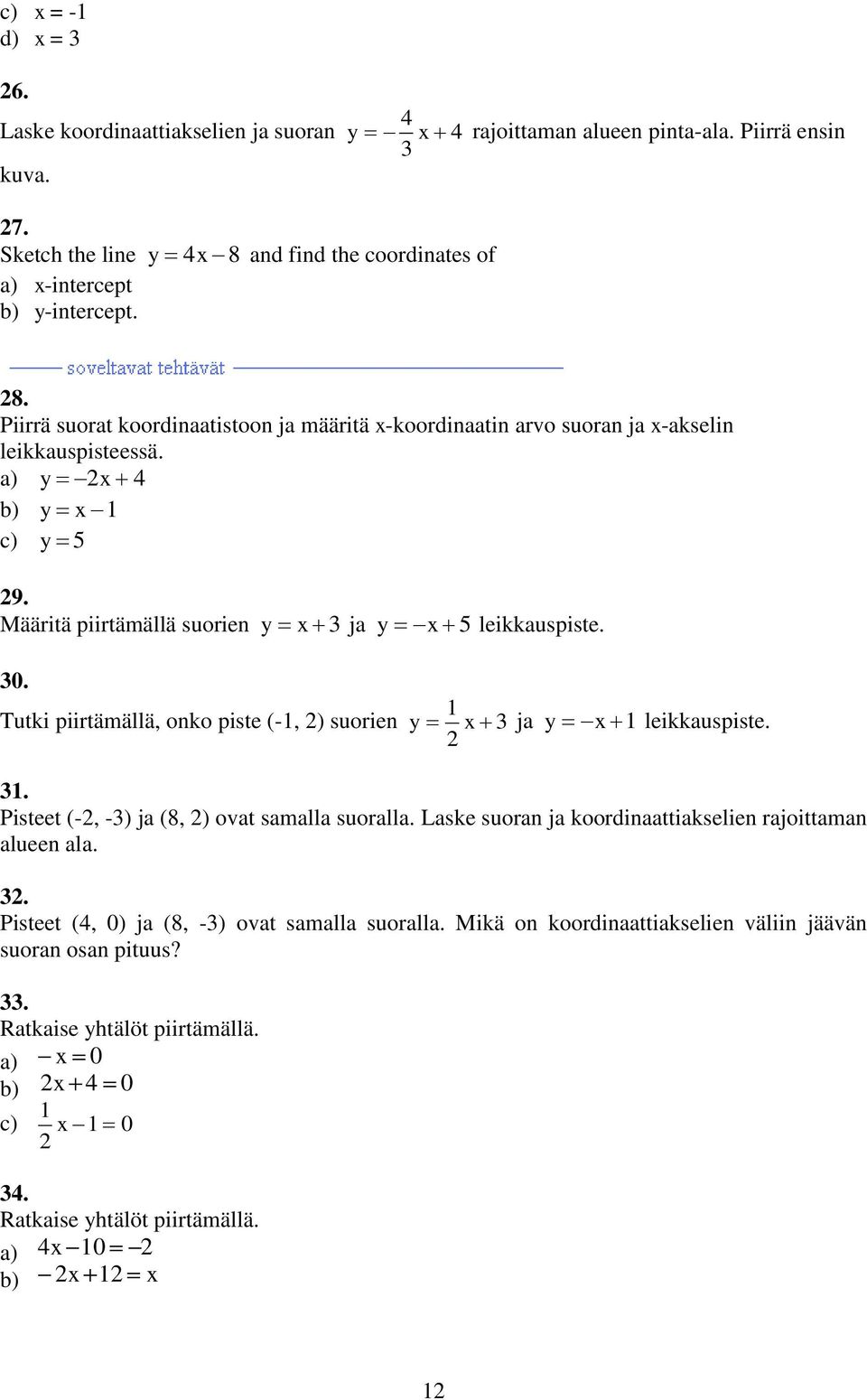 Määritä piirtämällä suorien y x 3 ja y x 5 leikkauspiste. 30. Tutki piirtämällä, onko piste (-, ) suorien y x 3 ja y x leikkauspiste. 3. Pisteet (-, -3) ja (8, ) ovat samalla suoralla.