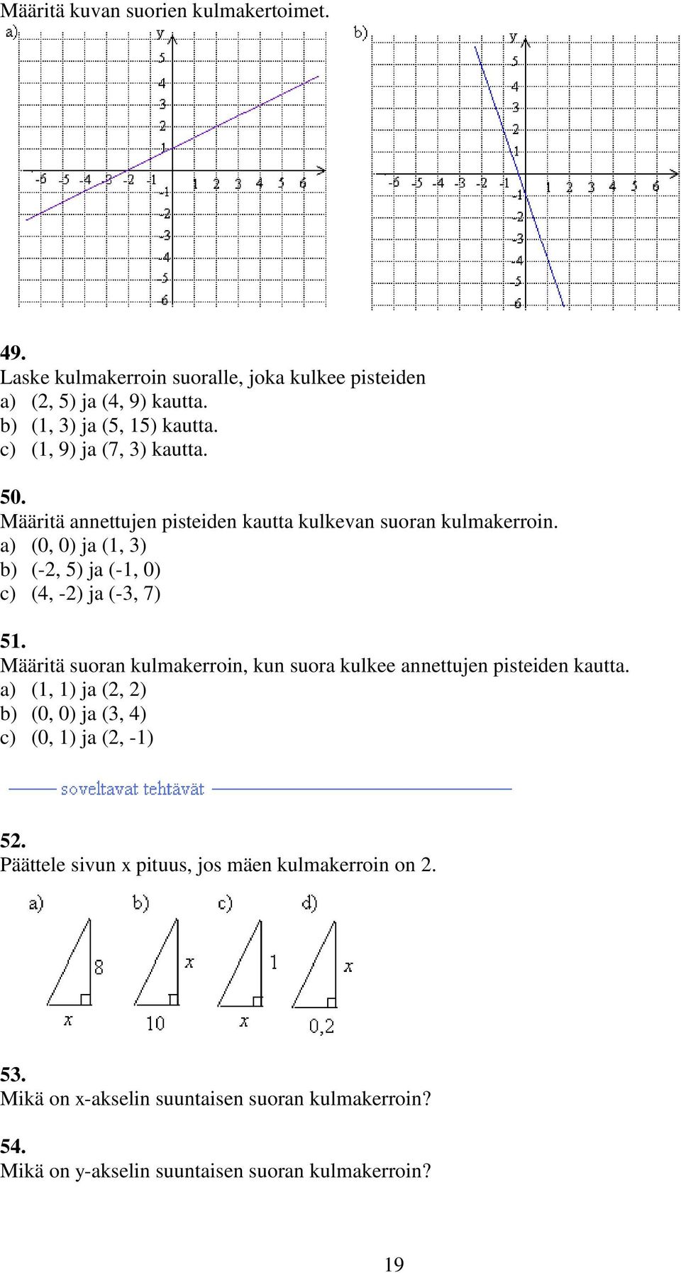 (0, 0) ja (, 3) (-, 5) ja (-, 0) c) (4, -) ja (-3, 7) 5. Määritä suoran kulmakerroin, kun suora kulkee annettujen pisteiden kautta.