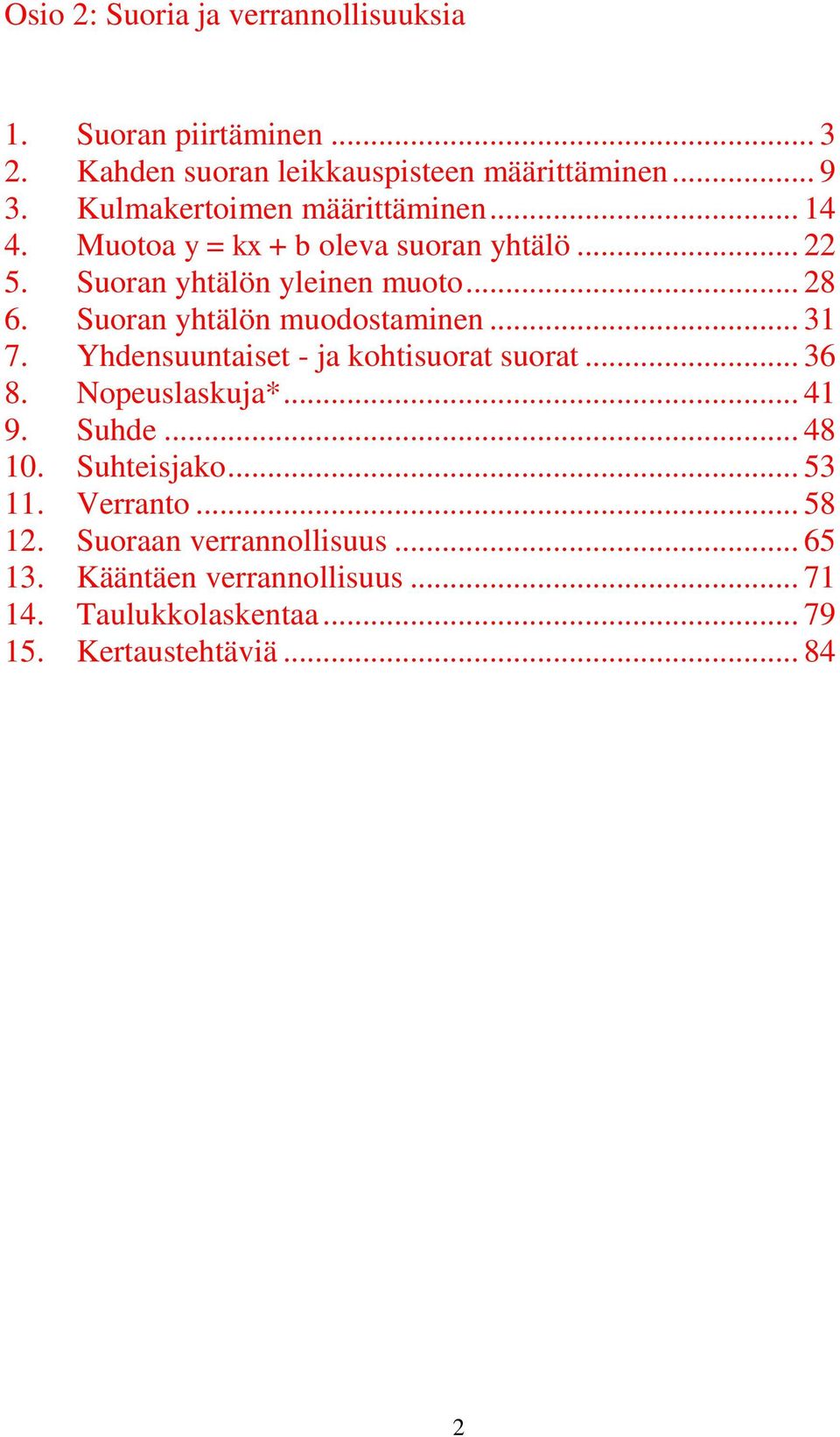 Suoran yhtälön muodostaminen... 3 7. Yhdensuuntaiset - ja kohtisuorat suorat... 36 8. Nopeuslaskuja*... 4 9. Suhde... 48 0.