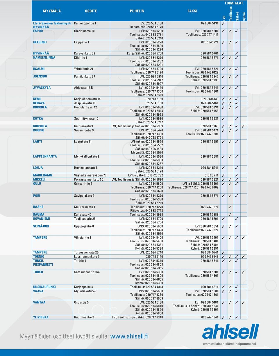 LVI ja Sähkö: 020 584 5760 020 584 5761 hämeenlinna Kiltintie 1 LVI: 020 584 5270 020 584 5271 Teollisuus: 020 584 5232 Sähkö: 020 584 5231 iisalmi Yrittäjäntie 21 LVI: 020 584 5720 LVI: 020 584 5721