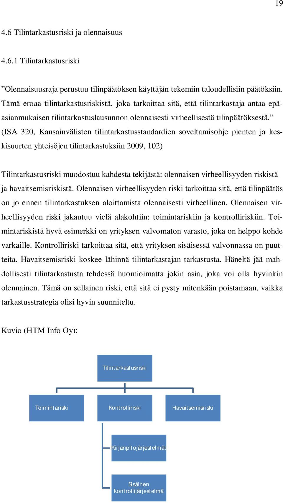 (ISA 320, Kansainvälisten tilintarkastusstandardien soveltamisohje pienten ja keskisuurten yhteisöjen tilintarkastuksiin 2009, 102) Tilintarkastusriski muodostuu kahdesta tekijästä: olennaisen