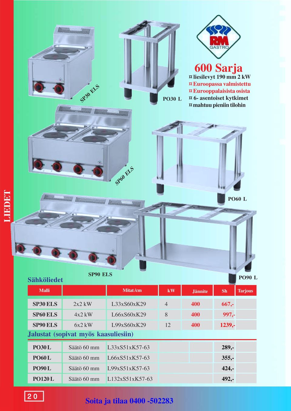 L66xS60xK29 8 400 997,- SP90 ELS 6x2 kw L99xS60xK29 12 400 1239,- Jalustat (sopivat myös kaasuliesiin) PO30 L Säätö 60 mm L33xS51xK57-63 289,-