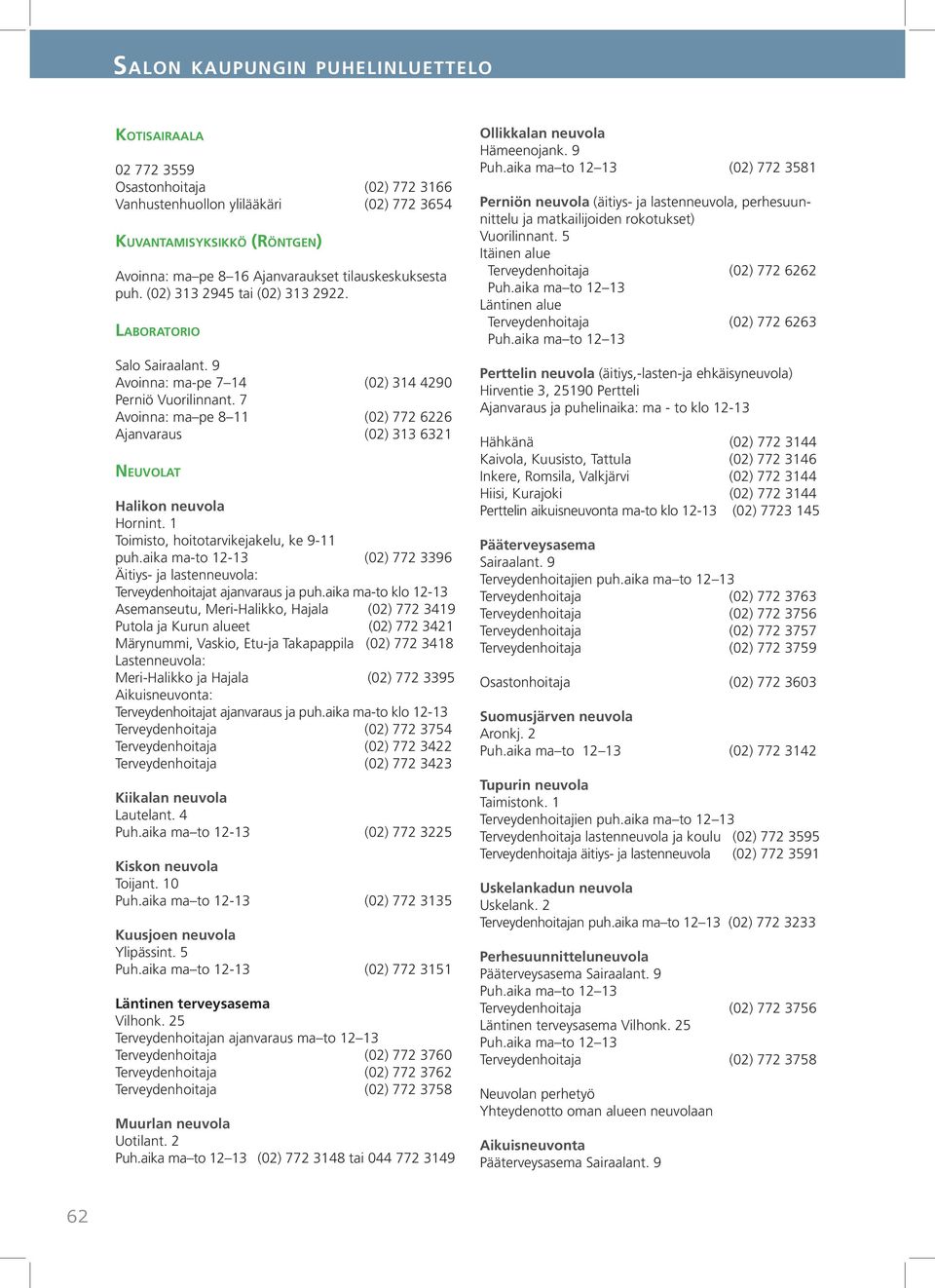 7 Avoinna: ma pe 8 11 (02) 772 6226 Ajanvaraus (02) 313 6321 Neuvolat Halikon neuvola Hornint. 1 Toimisto, hoitotarvikejakelu, ke 9-11 puh.