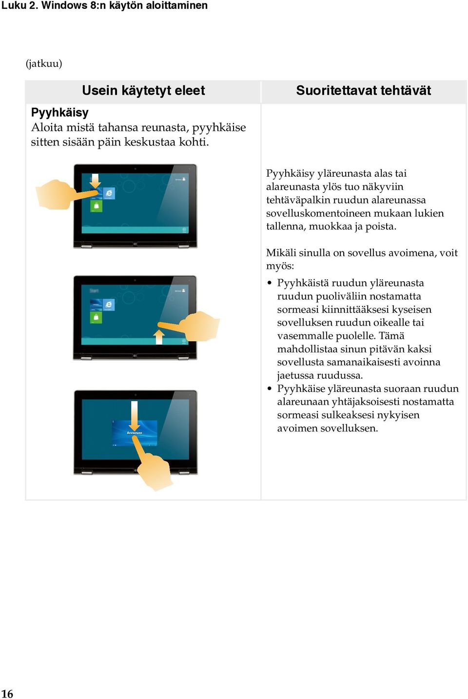 Mikäli sinulla on sovellus avoimena, voit myös: Pyyhkäistä ruudun yläreunasta ruudun puoliväliin nostamatta sormeasi kiinnittääksesi kyseisen sovelluksen ruudun oikealle tai vasemmalle