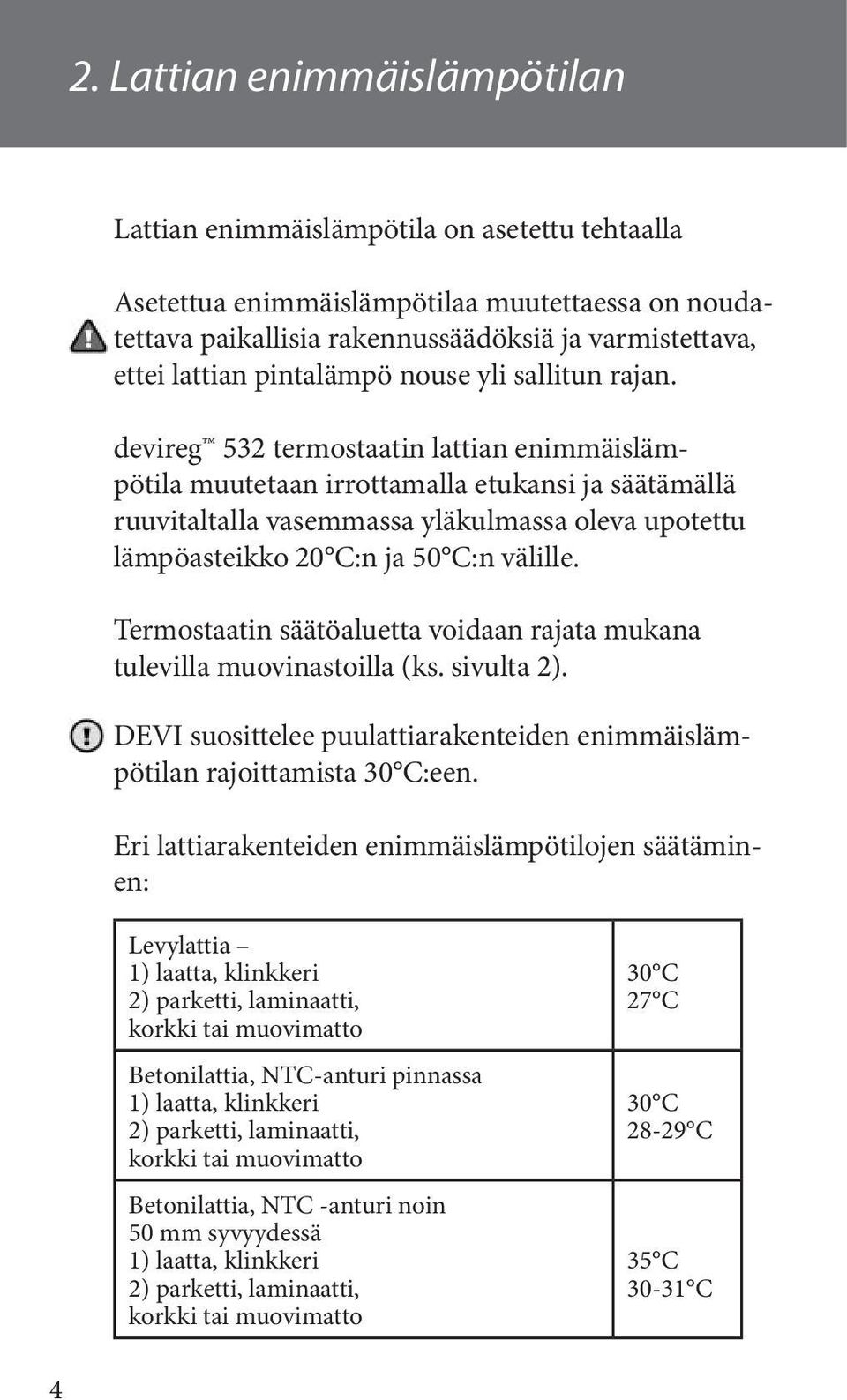 devireg 532 termostaatin lattian enimmäislämpötila muutetaan irrottamalla etukansi ja säätämällä ruuvitaltalla vasemmassa yläkulmassa oleva upotettu lämpöasteikko 20 C:n ja 50 C:n välille.