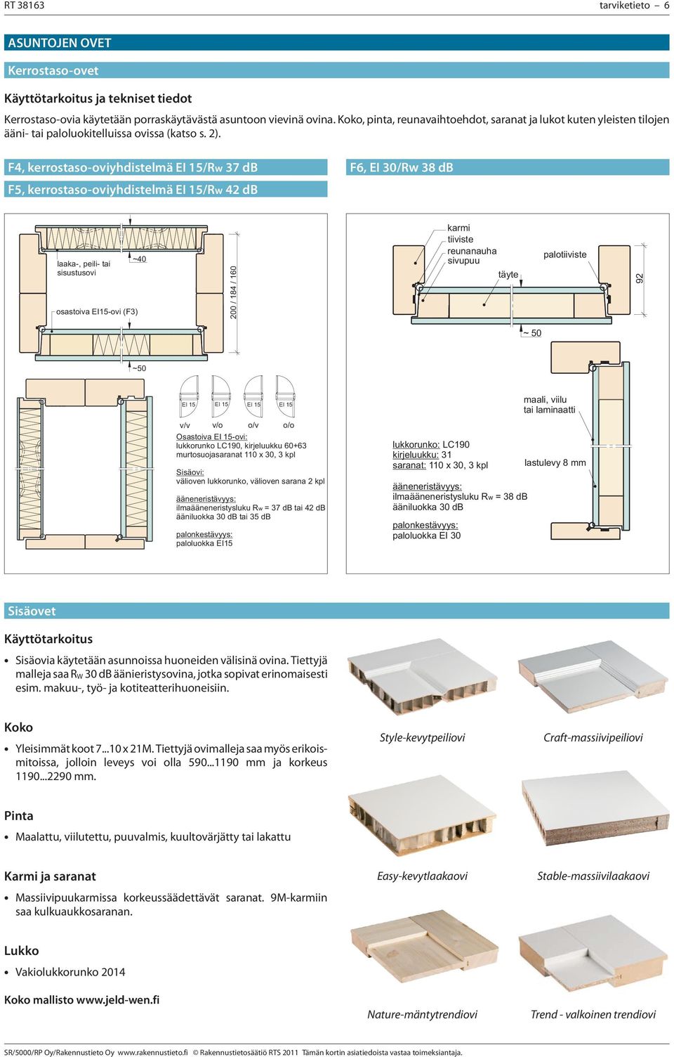 F4, kerrostaso-oviyhdistelmä EI 15/Rw 37 db F5, kerrostaso-oviyhdistelmä EI 15/Rw 42 db F6, EI 30/Rw 38 db laaka-, peili- tai sisustusovi osastoiva EI15-ovi (F3) ~40 200 / 184 / 160 tiiviste