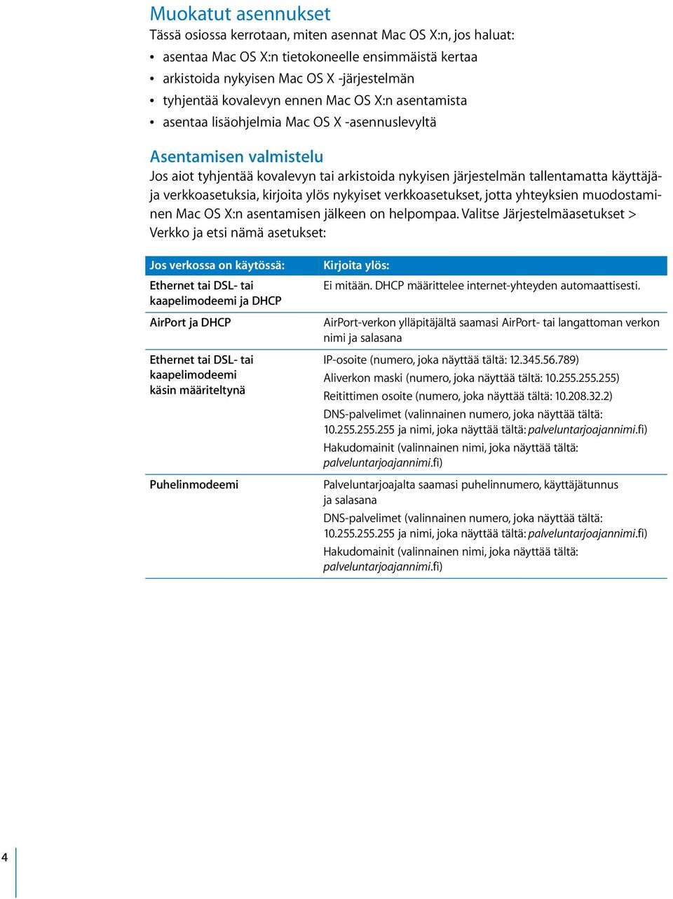 käyttäjäja verkkoasetuksia, kirjoita ylös nykyiset verkkoasetukset, jotta yhteyksien muodostaminen Mac OS X:n asentamisen jälkeen on helpompaa.