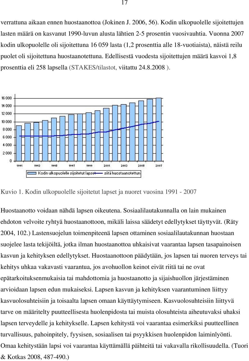 Edellisestä vuodesta sijoitettujen määrä kasvoi 1,8 prosenttia eli 258 lapsella (STAKES/tilastot, viitattu 24.8.2008 ). Kuvio 1.