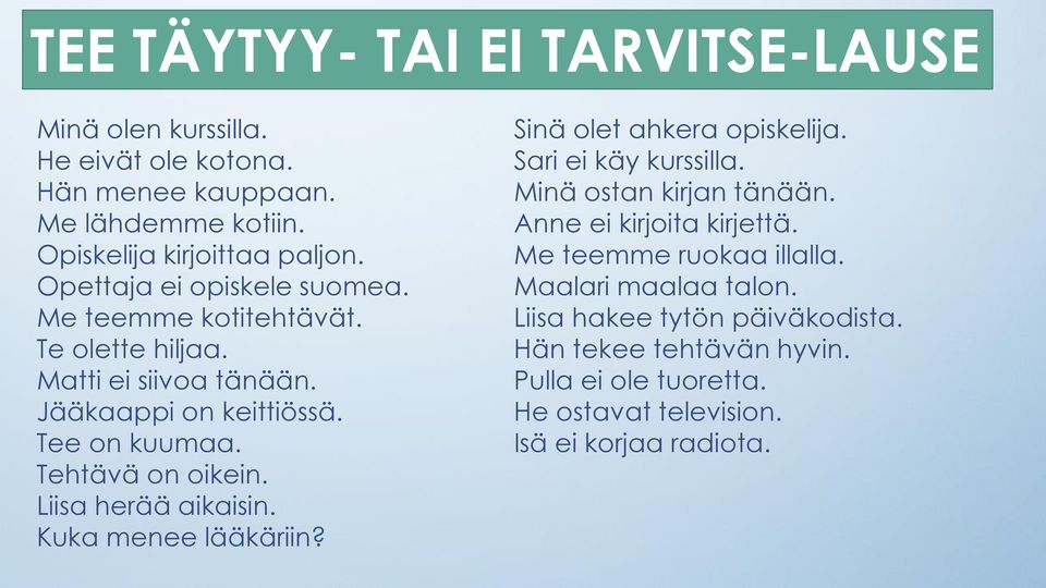 Liisa herää aikaisin. Kuka menee lääkäriin? Sinä olet ahkera opiskelija. Sari ei käy kurssilla. Minä ostan kirjan tänään. Anne ei kirjoita kirjettä.