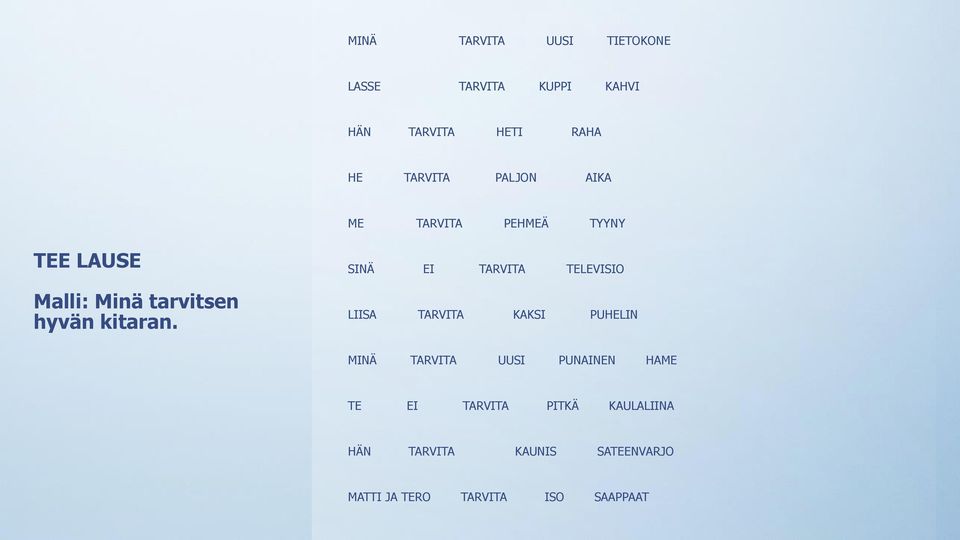 SINÄ EI TARVITA TELEVISIO LIISA TARVITA KAKSI PUHELIN MINÄ TARVITA UUSI PUNAINEN HAME