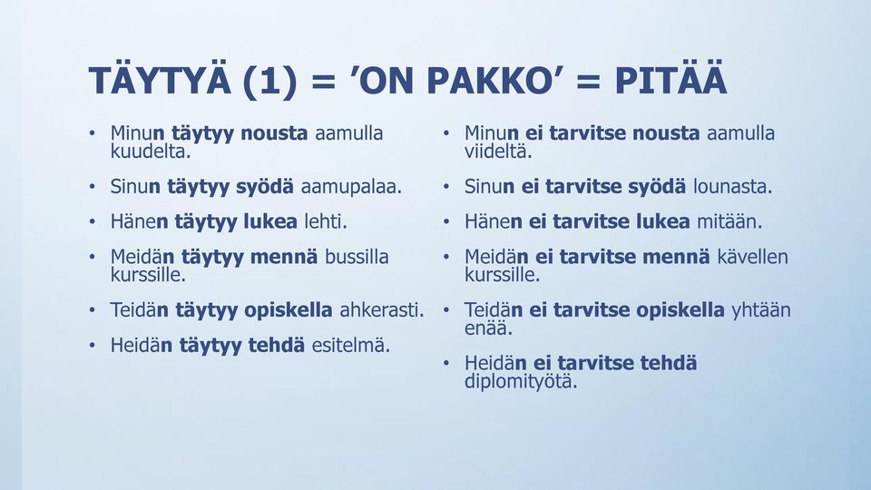 Heidän täytyy tehdä esitelmä. Minun ei tarvitse nousta aamulla viideltä. Sinun ei tarvitse syödä lounasta.