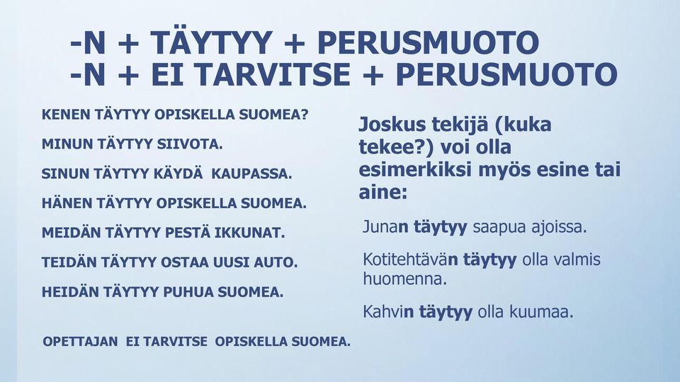 TEIDÄN TÄYTYY OSTAA UUSI AUTO. HEIDÄN TÄYTYY PUHUA SUOMEA. Joskus tekijä (kuka tekee?