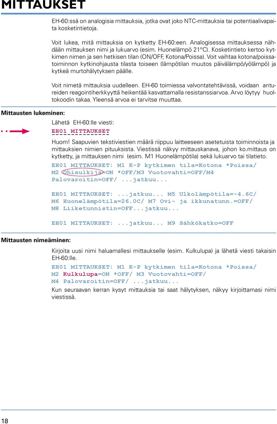 Voit vaihtaa kotona/poissatoiminnon kytkinohjausta tilasta toiseen (lämpötilan muutos päivälämpö/yölämpö) ja kytkeä murtohälytyksen päälle. Voit nimetä mittauksia uudelleen.
