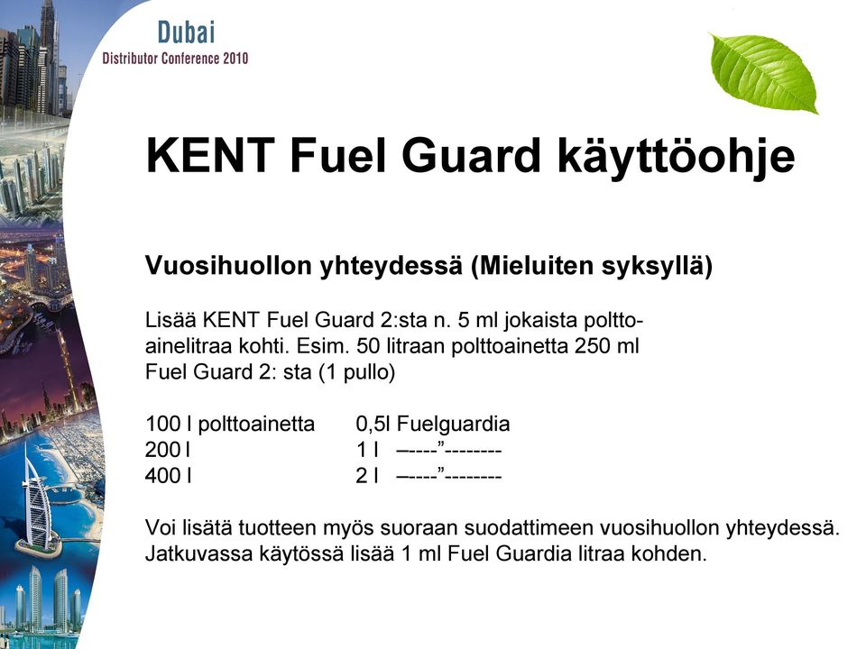 50 litraan polttoainetta 250 ml Fuel Guard 2: sta (1 pullo) 100 l polttoainetta 200 l 400 l 0,5l