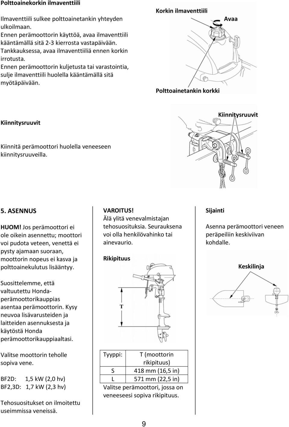 Korkin ilmaventtiili Polttoainetankin korkki Avaa Kiinnitysruuvit Kiinnitysruuvit Kiinnitä perämoottori huolella veneeseen kiinnitysruuveilla. 5. ASENNUS HUOM!