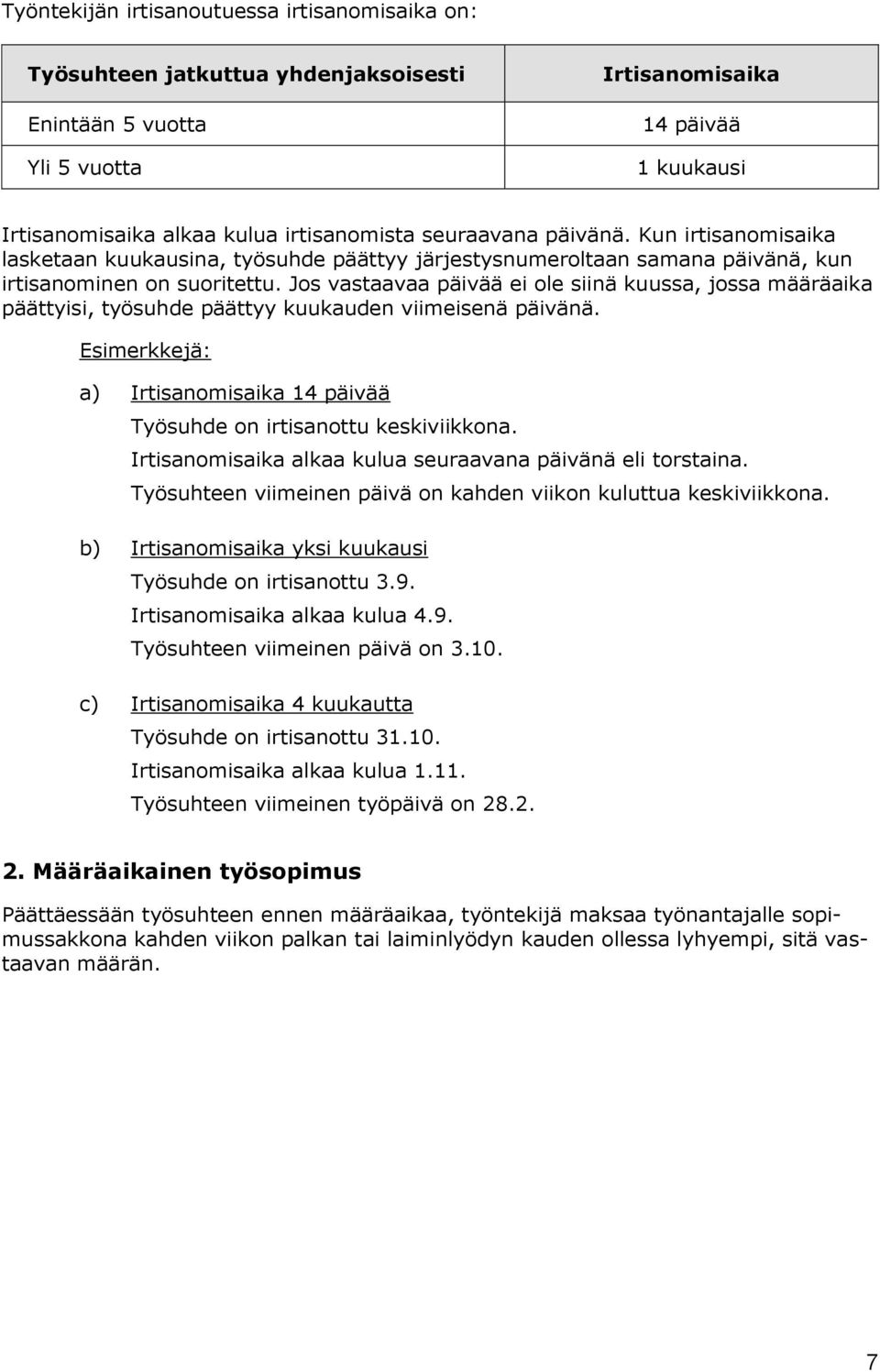 Jos vastaavaa päivää ei ole siinä kuussa, jossa määräaika päättyisi, työsuhde päättyy kuukauden viimeisenä päivänä. Esimerkkejä: a) Irtisanomisaika 14 päivää Työsuhde on irtisanottu keskiviikkona.