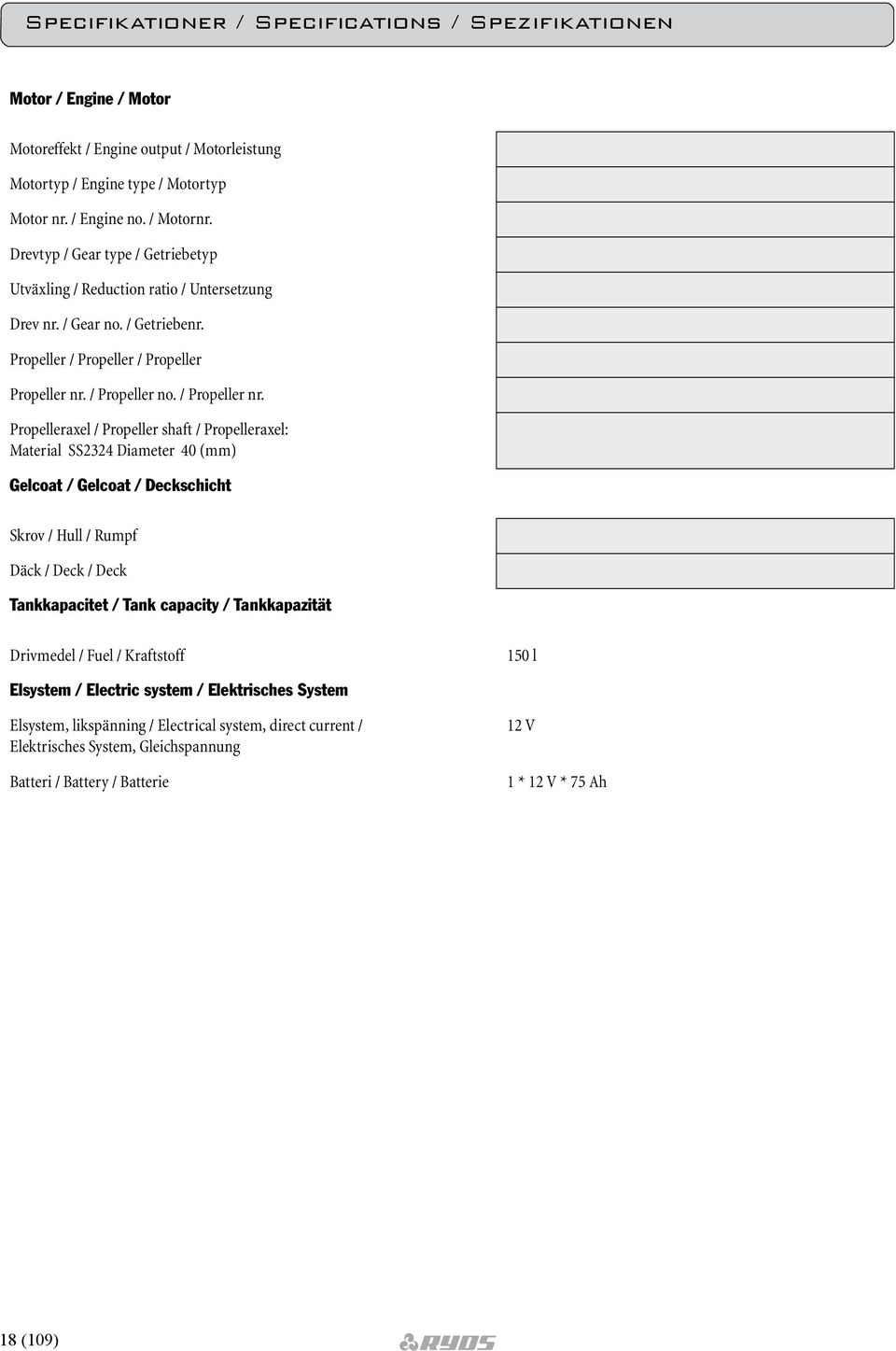 Propelleraxel / Propeller shaft / Propelleraxel: Material SS2324 Diameter 40 (mm) Gelcoat / Gelcoat / Deckschicht Skrov / Hull / Rumpf Däck / Deck / Deck Tankkapacitet / Tank capacity / Tankkapazität