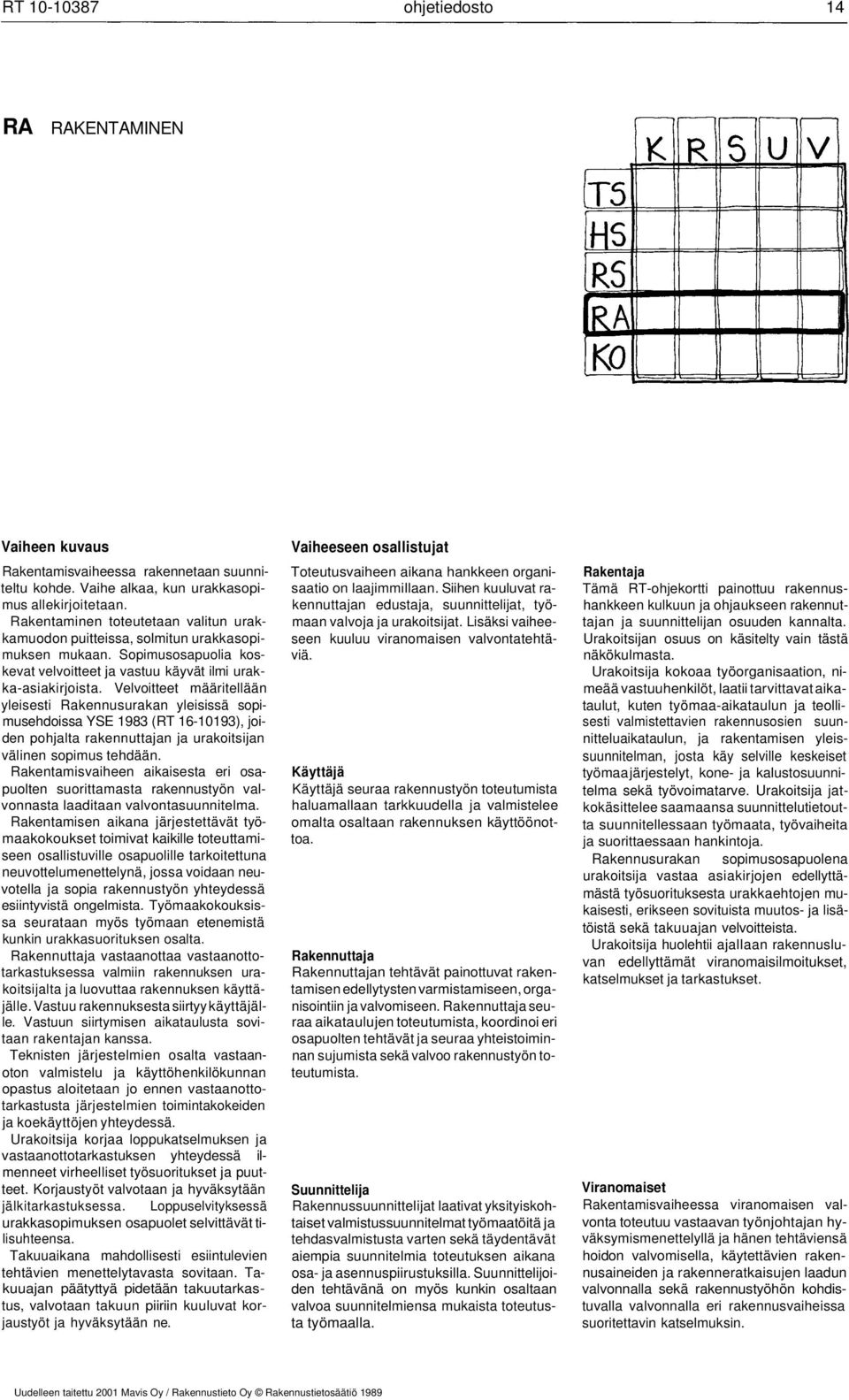 Velvoitteet määritellään yleisesti Rakennusurakan yleisissä sopimusehdoissa YSE 1983 (RT 16-10193), joiden pohjalta rakennuttajan ja urakoitsijan välinen sopimus tehdään.