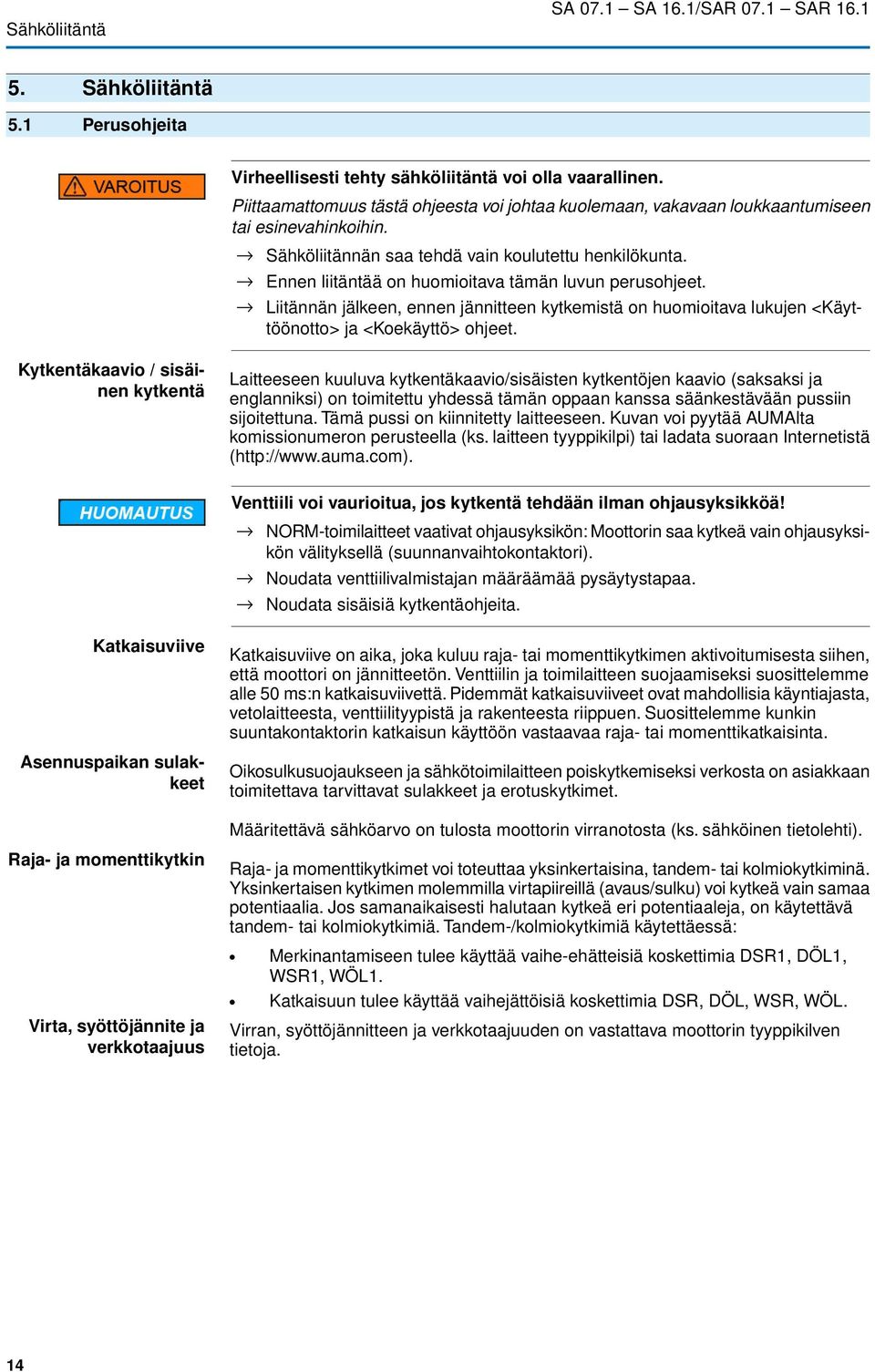 Ennen liitäntää on huomioitava tämän luvun perusohjeet. Liitännän jälkeen, ennen jännitteen kytkemistä on huomioitava lukujen <Käyttöönotto> ja <Koekäyttö> ohjeet.