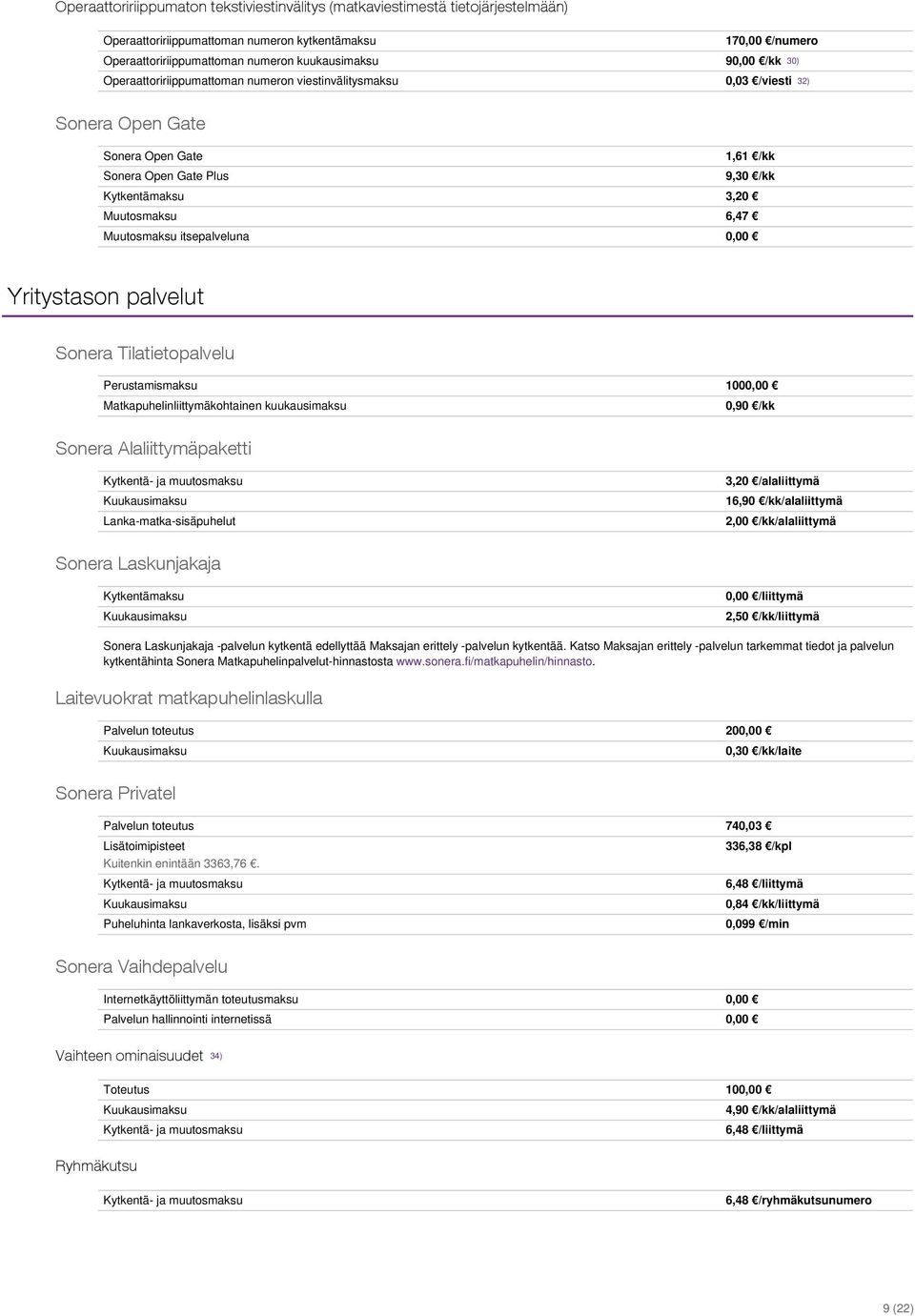 itsepalveluna 0,00 Yritystason palvelut Sonera Tilatietopalvelu Perustamismaksu 1000,00 Matkapuhelinliittymäkohtainen kuukausimaksu 0,90 /kk Sonera Alaliittymäpaketti Kytkentä- ja muutosmaksu