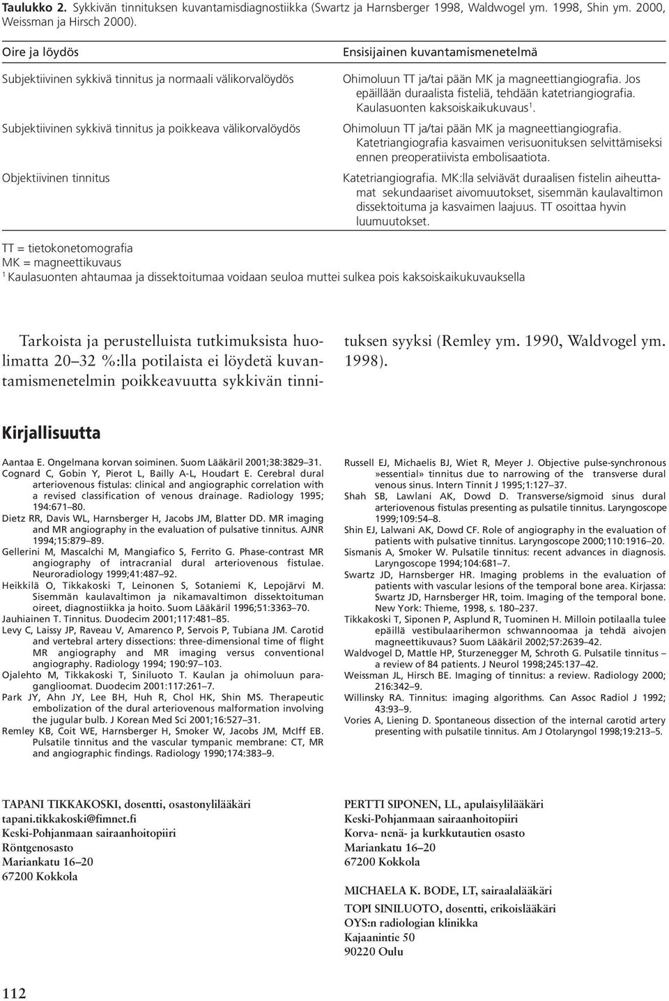 Ohimoluun TT ja/tai pään MK ja magneettiangiografia. Jos epäillään duraalista fisteliä, tehdään katetriangiografia. Kaulasuonten kaksoiskaikukuvaus 1.