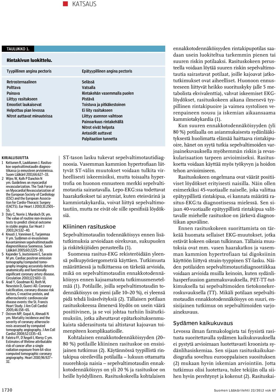 Rasituskoe sepelvaltimotaudin diagnostiikassa ja ennusteen arvioinnissa. Suom Lääkäril 2011;66:627 33. 2 Wijns W, Kolh P Danchin N ym. Guidelines on myocardial revascularization.