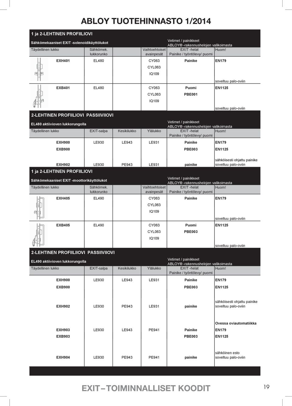 lukkorunko avainpesät Painike / työntölevy/ puomi EXH401 EL480 CY063 Painike EN179 CYL063 IQ109 EXB401 EL480 CY063 Puomi EN1125 2-LEHTINEN PROFIILIOVI PASSIIVIIOVI CYL063 IQ109 PBE001 soveltuu