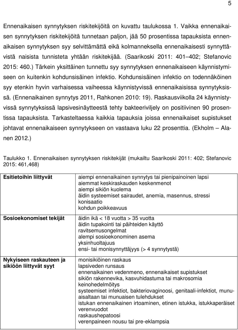 tunnisteta yhtään riskitekijää. (Saarikoski 2011: 401 402; Stefanovic 2015: 460.) Tärkein yksittäinen tunnettu syy synnytyksen ennenaikaiseen käynnistymiseen on kuitenkin kohdunsisäinen infektio.