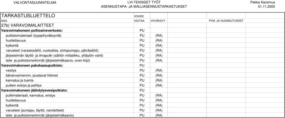 Varavoimakoneen pakokaasuputkisto: vesitys (RA) äänenvaimennin, joustavat liittimet (RA) kannatus ja tuenta (RA) putken eristys ja pellitys (RA) Varavoimakoneen