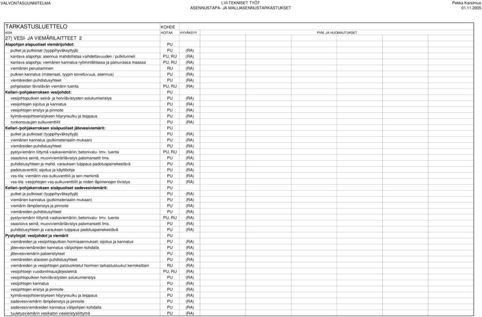 puhdistusyhteet (RA) pohjalaatan lävistävän viemärin tuenta, RU (RA) Kellari-/pohjakerroksen vesijohdot: vesijohtoputkien seinä- ja holvilävistysten solukumieristys (RA) vesijohtojen sijoitus ja