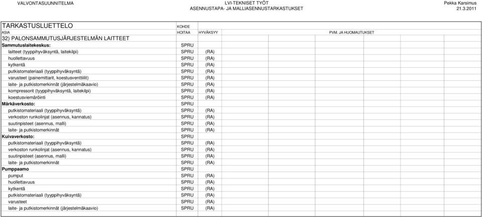 koestusviemäröinti SPRU (RA) Märkäverkosto: SPRU putkistomateriaali (tyyppihyväksyntä) SPRU (RA) verkoston runkolinjat (asennus, kannatus) SPRU (RA) suutinpisteet (asennus, malli) SPRU (RA) laite- ja