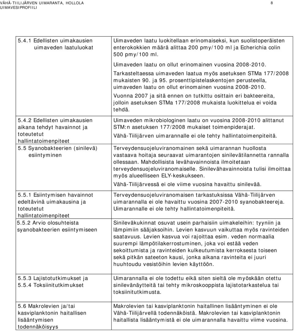 6 Makrolevien ja/tai kasviplanktonin haitallisen lisääntymisen todennäköisyys Uimaveden laatu luokitellaan erinomaiseksi, kun suolistoperäisten enterokokkien määrä alittaa 200 pmy/100 ml ja